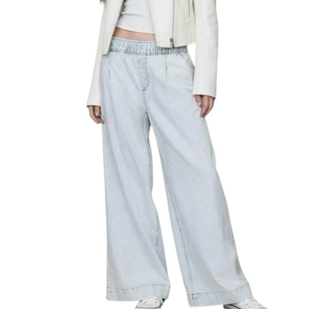 GAP Ultrasoft Pleated Baggy Easy Denim Wide Leg Pants Light Indigo Petite‎ L NWT